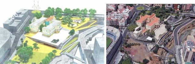 Un dibujo de un edificio junto a una vista aérea de una ciudad.