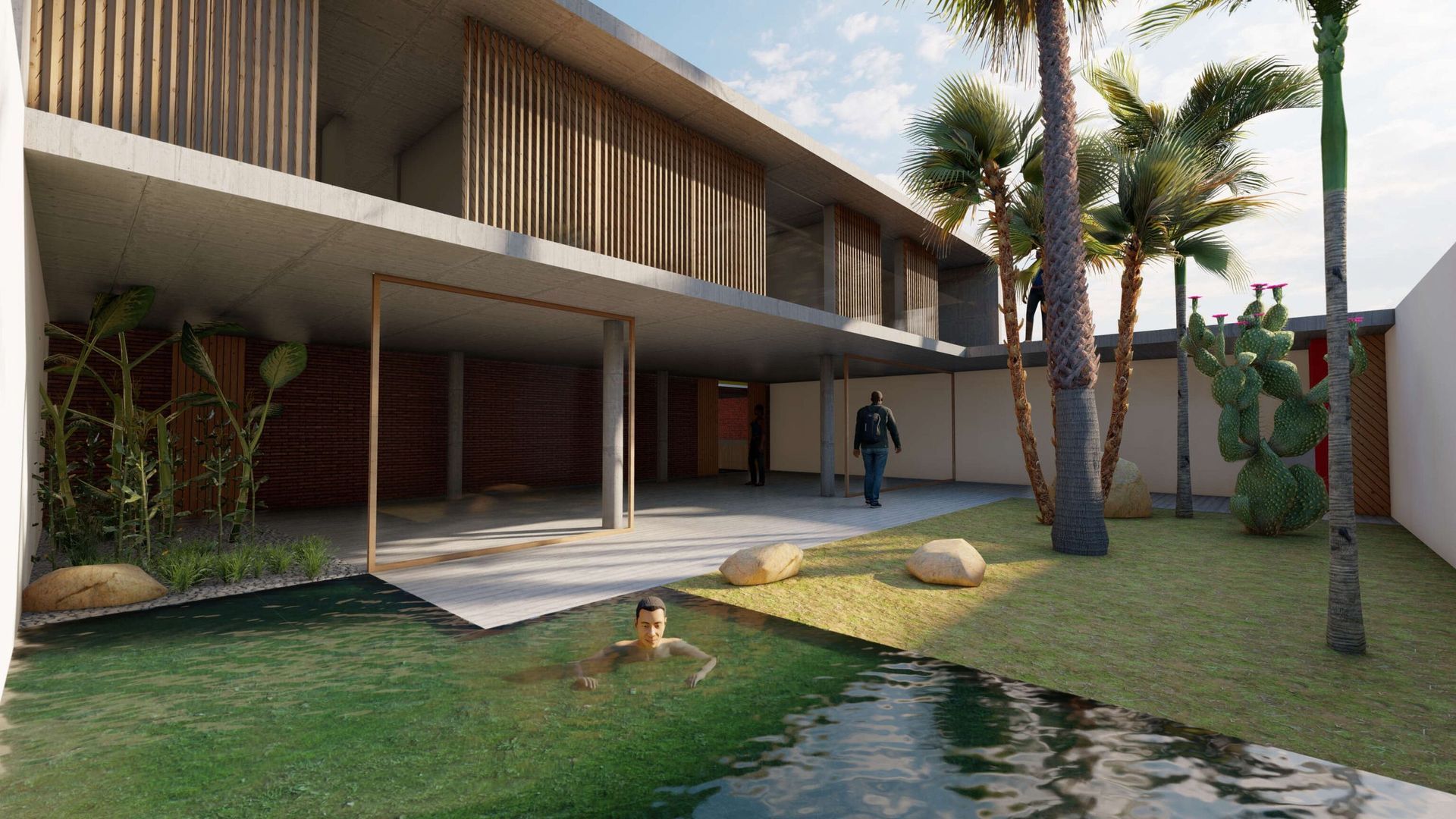 Un hombre está nadando en una piscina frente a una casa grande.