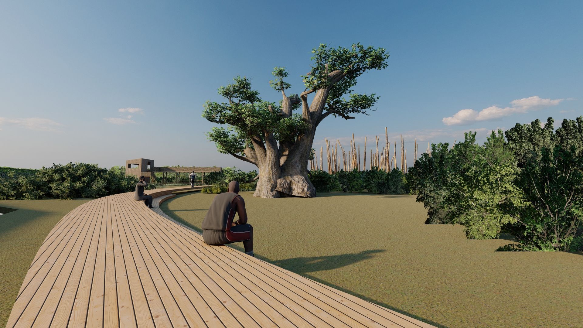 Un hombre está sentado en una pasarela de madera al lado de un árbol.