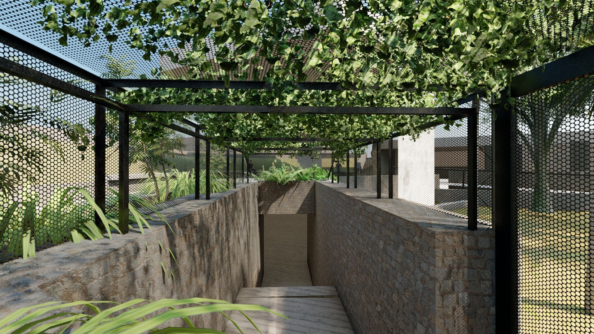 Impresión artística de una pasarela rodeada de árboles y plantas.