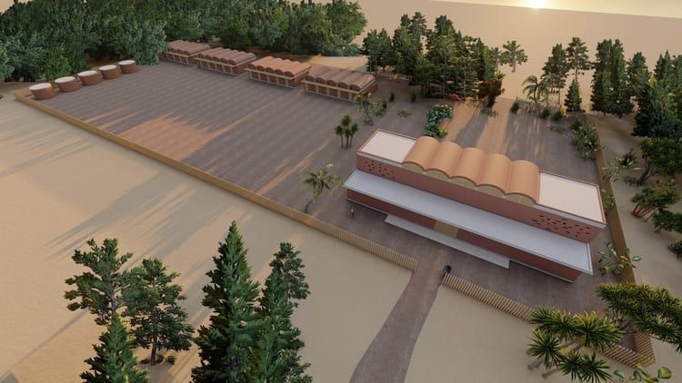 Una vista aérea de un gran edificio rodeado de árboles.