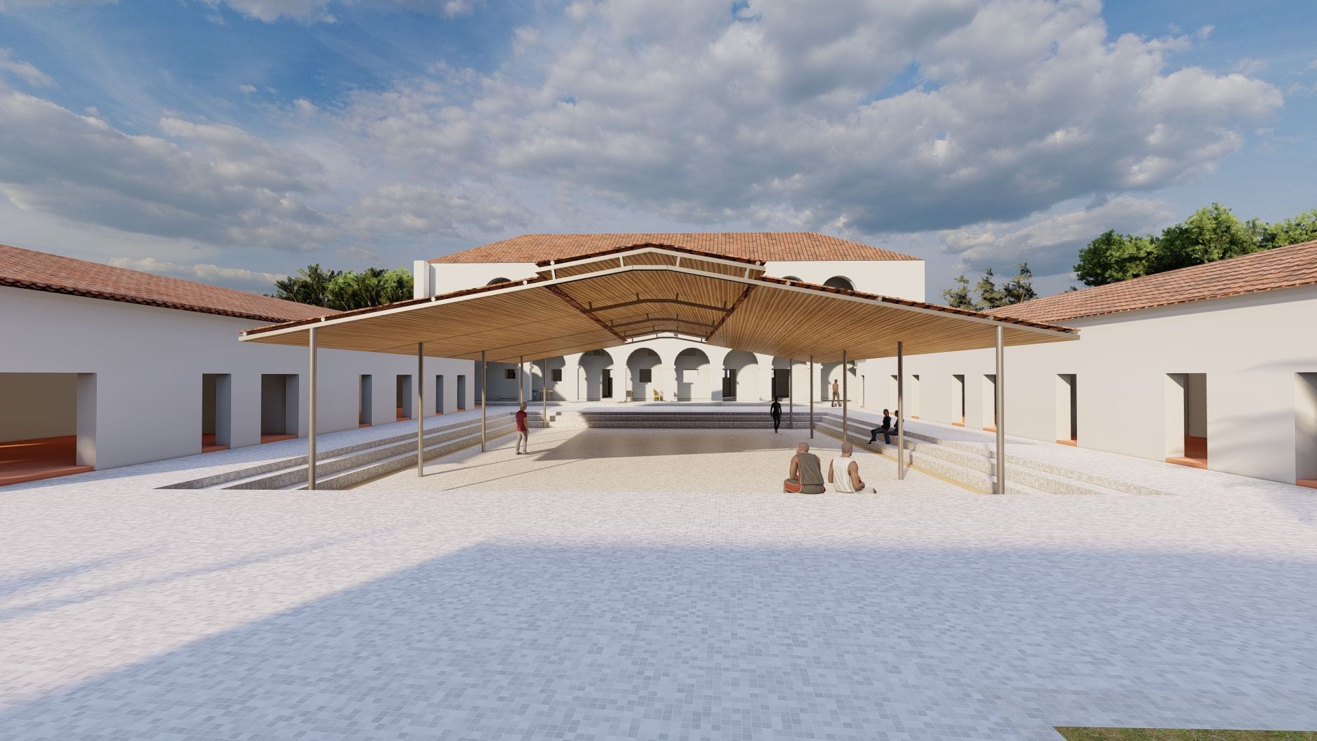 Impresión artística de un edificio con un dosel encima.