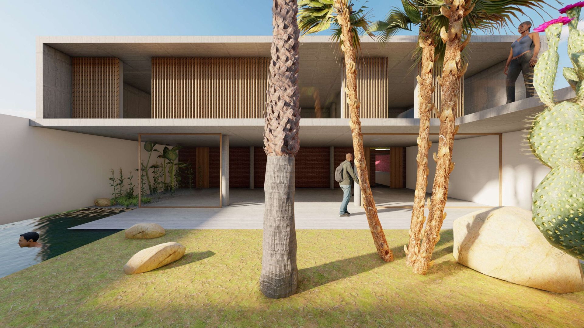 Un hombre está parado frente a una casa grande rodeada de palmeras.