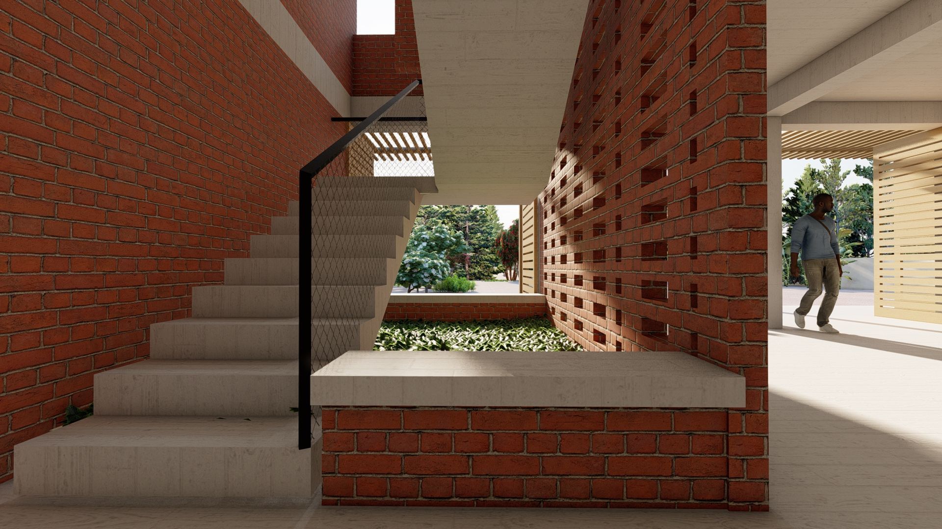 Un hombre baja unas escaleras junto a una pared de ladrillos.