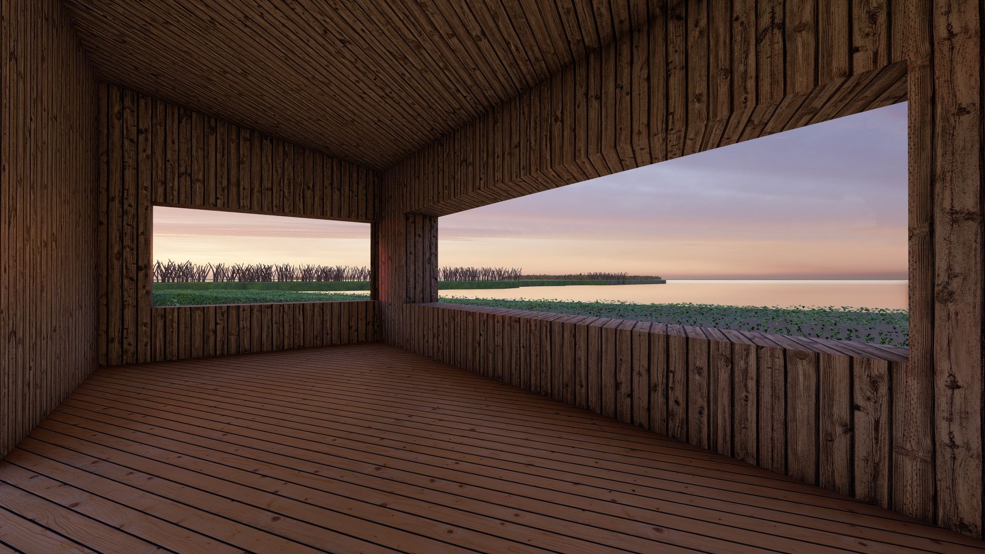 Una habitación de madera con una gran ventana que da a un cuerpo de agua.