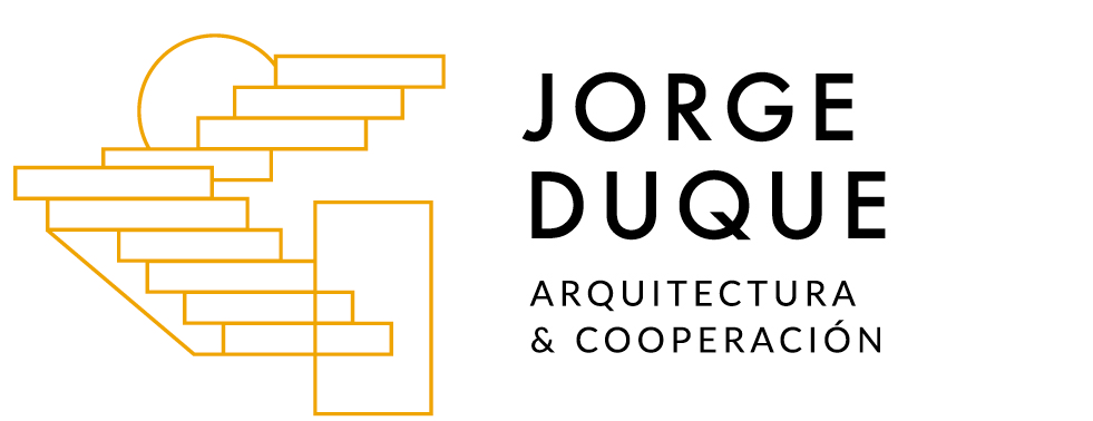 Logotipo de Jorge Duque Arquitectura & Cooperación con diseño geométrico en forma de escalera en blanco y negro.