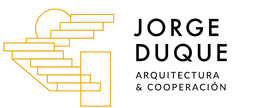Logotipo de Jorge Duque Arquitectura & Cooperación con diseño geométrico en forma de escalera en blanco y negro.