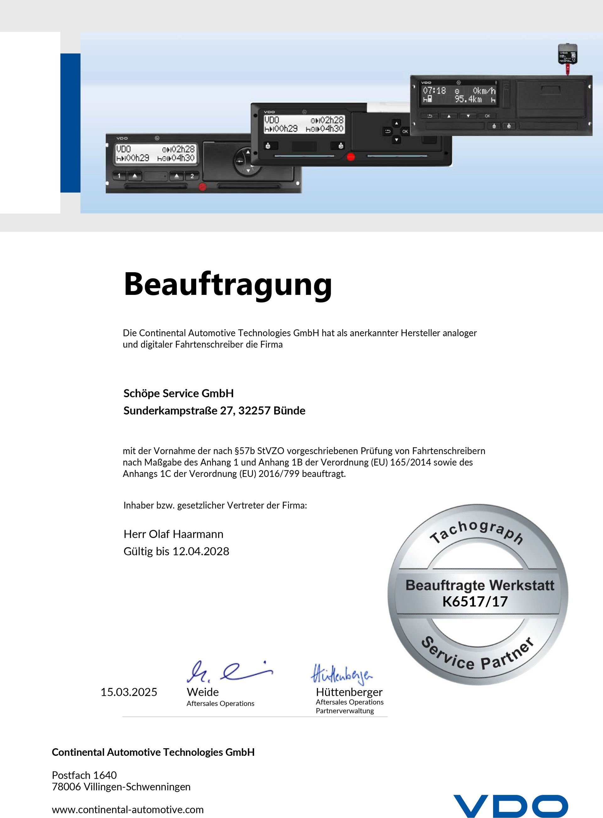 Dokument mit dem Titel „Beauftragung“ mit Produktbildern und Unterschriften.