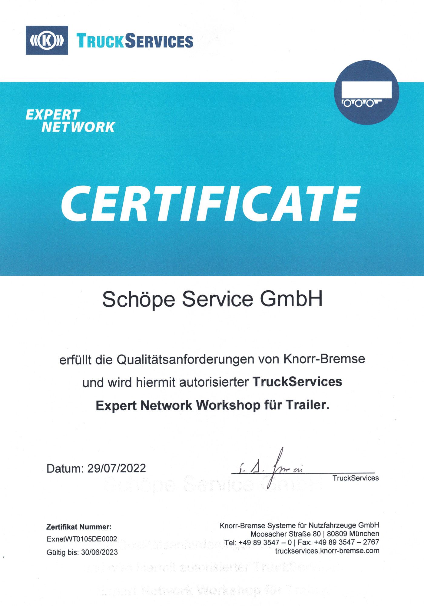 Zertifikat für Schöpe Service GmbH vom Knorr-Bremse TruckServices Expert Network Workshop.