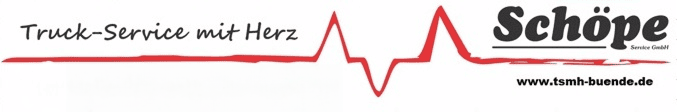 Logo von Schöpe, einem Lkw-Service. Der Text lautet „Truck-Service mit Herz“ und ist mit einer roten Herzschlaglinie gekennzeichnet. Die Website-Adresse befindet sich unten.