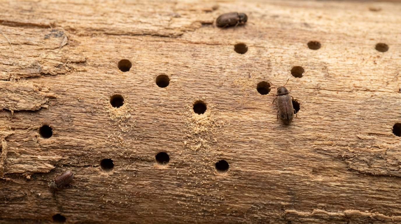 Deux vrillettes et des trous dans le bois.