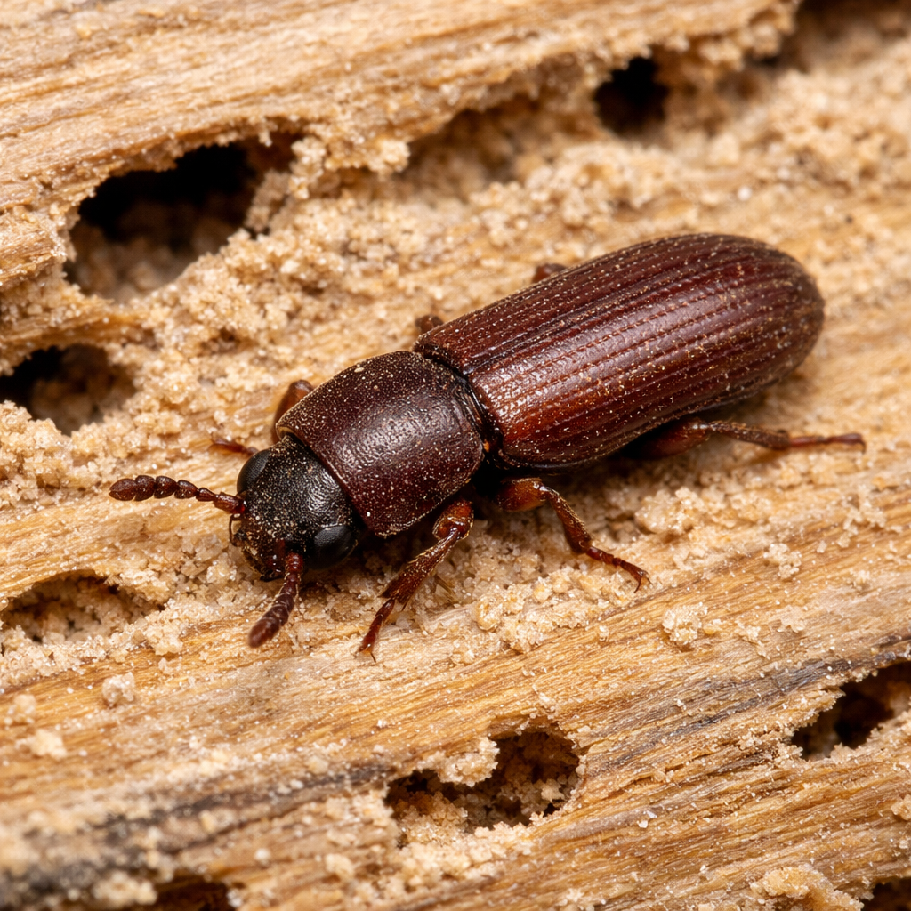 Un lyctus à côté de petits trous.