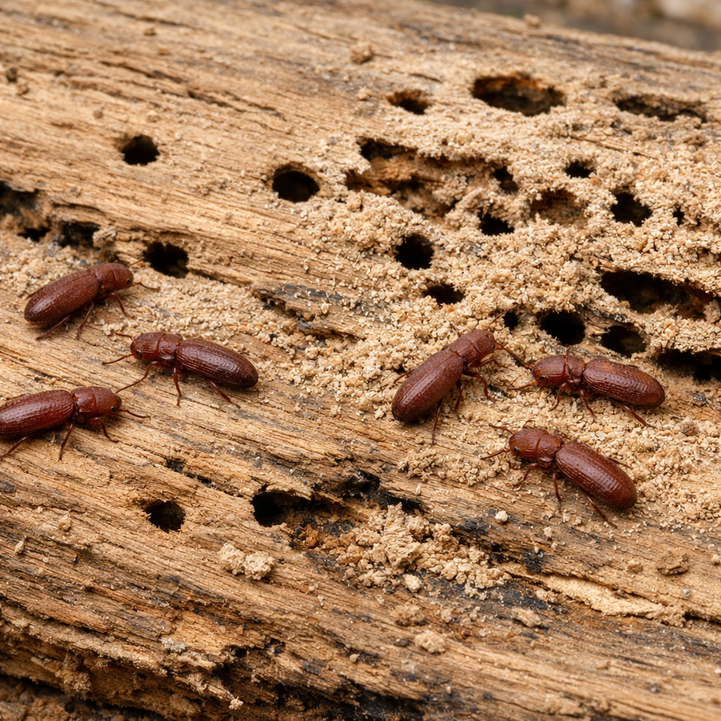 Plusieurs lyctus et des trous dans le bois.