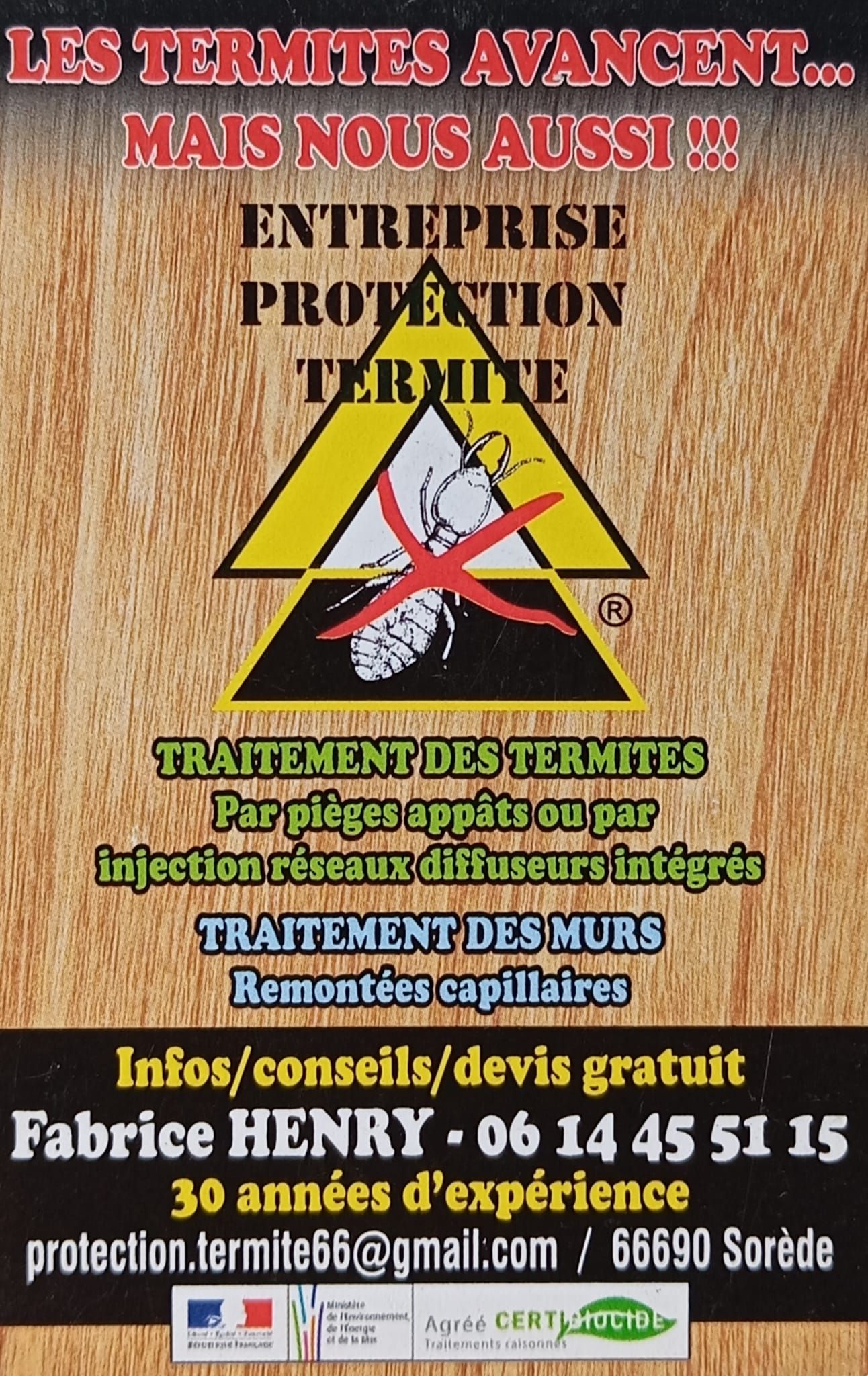 Une affiche avec un termite barré avec une croix rouge.