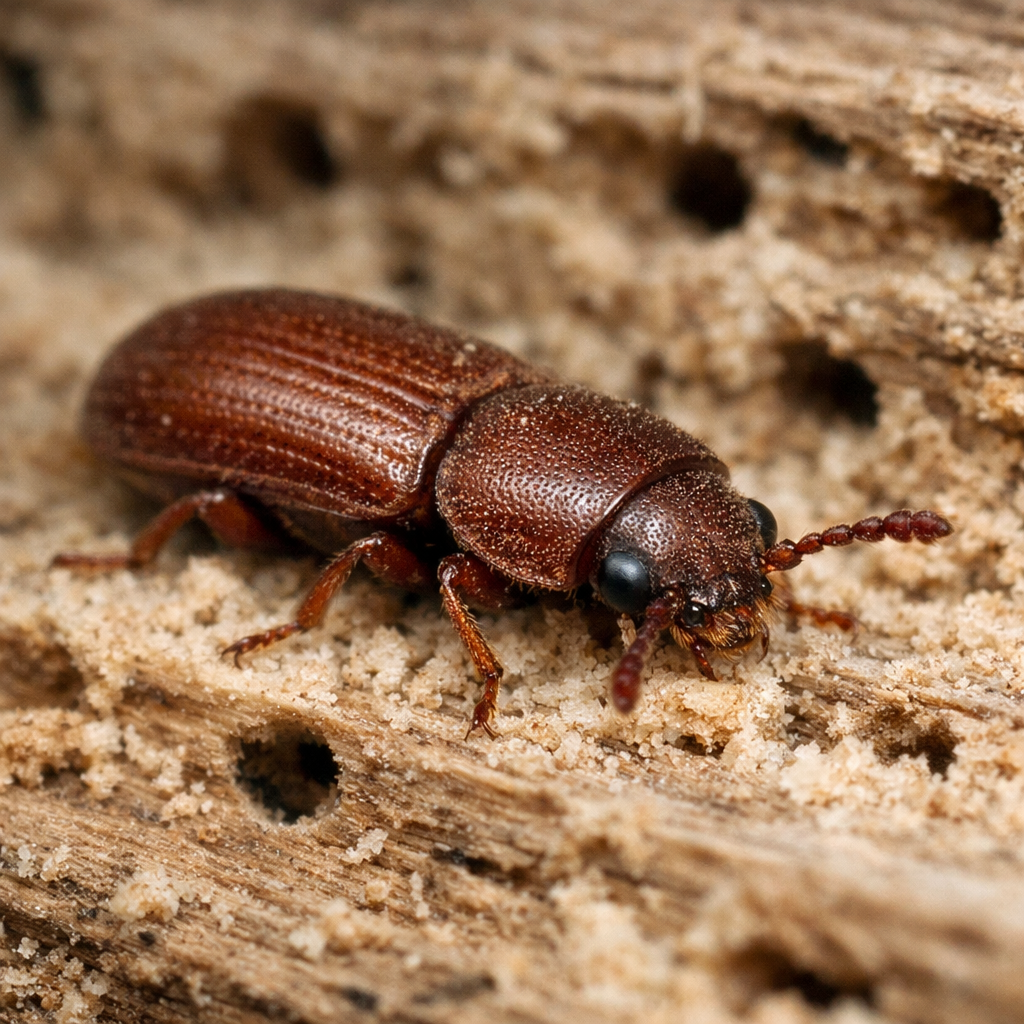 Un lyctus en gros plan sur du bois.