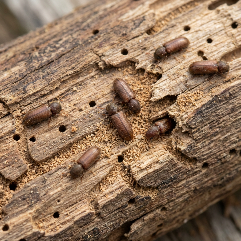 Sept lyctus sur une poutre en bois.