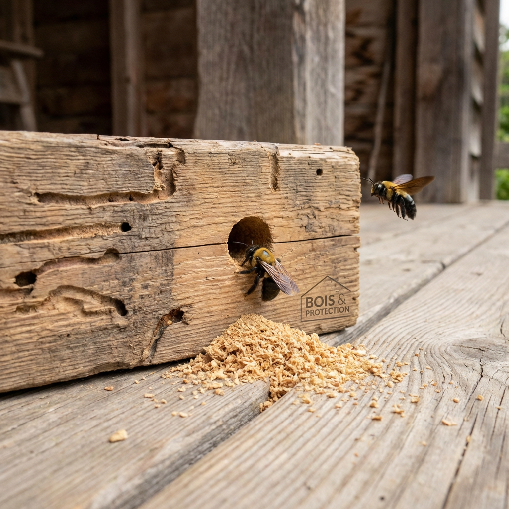 Deux guêpes charpentières et une poutre.
