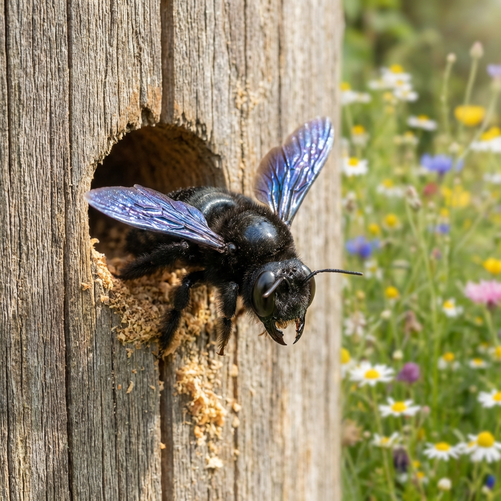 Une guêpe charpentière sort d'un trou.