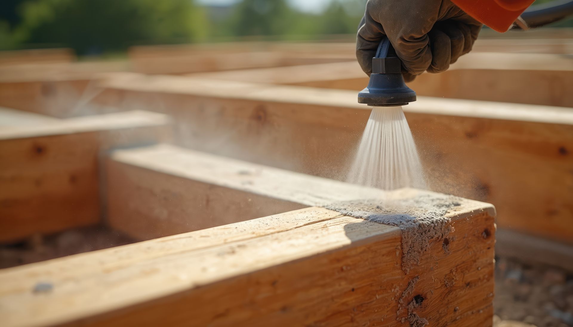 Pulvérisation d'un produit sur une charpente.