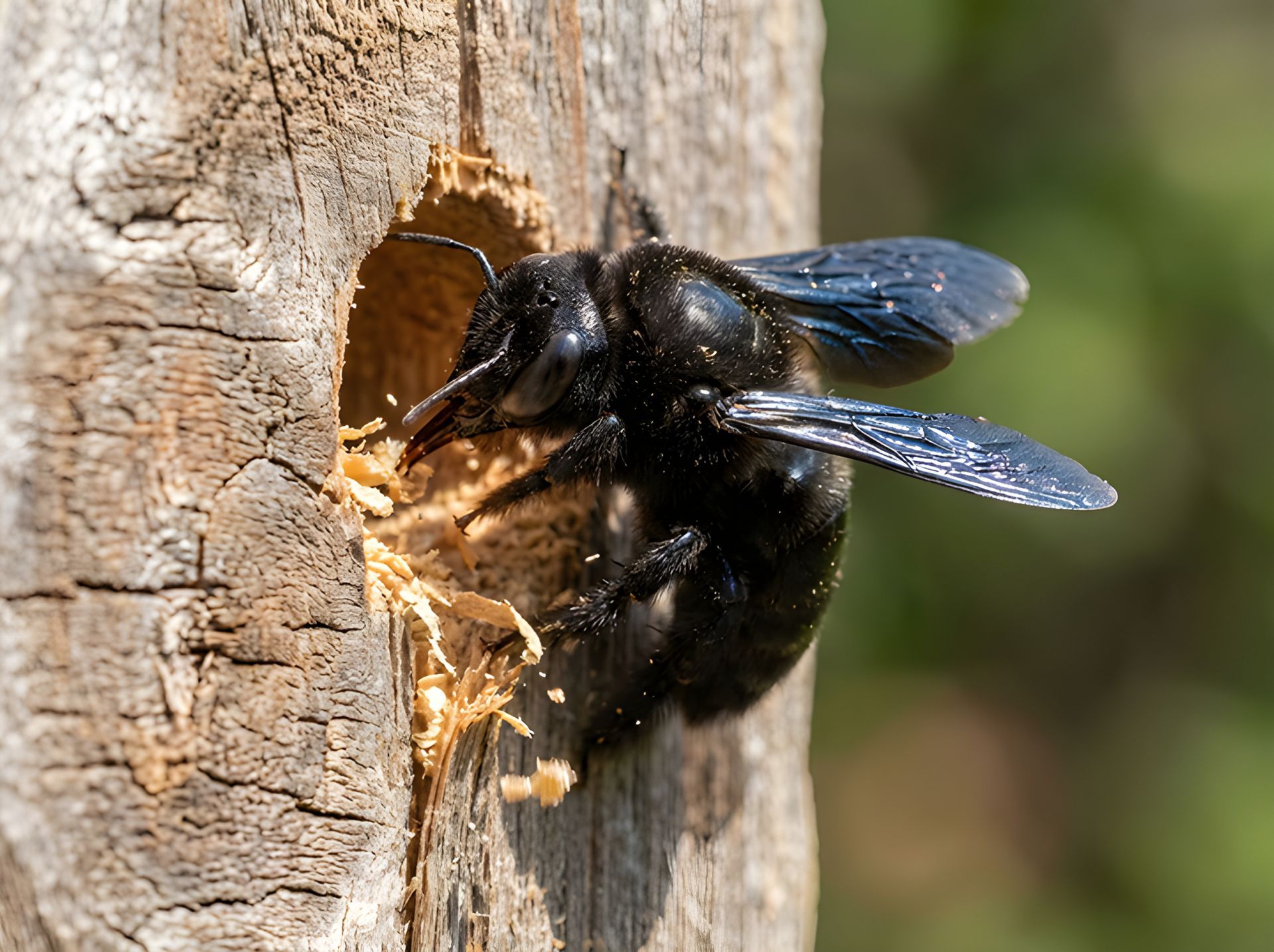 Une guêpe charpentière à côté d'un trou.
