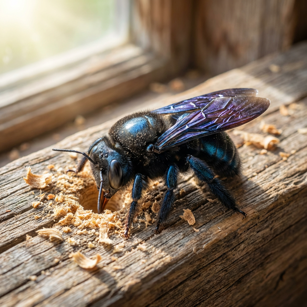 Une guêpe charpentière à côté d'une fenêtre.