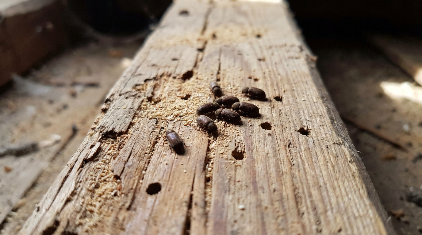 Des vrillettes sur une poutre.