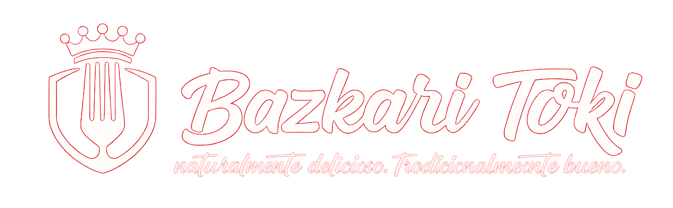 Logotipo de Bazkari Toki en letra cursiva rosa p&aacute;lido con un icono de escudo sobre fondo blanco.