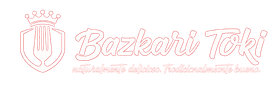 Logotipo de Bazkari Toki en letra cursiva rosa p&aacute;lido con un icono de escudo sobre fondo blanco.