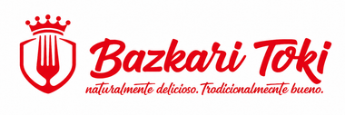 Logotipo de Bazkari Toki en rojo con corona estilizada y eslogan sobre fondo blanco.