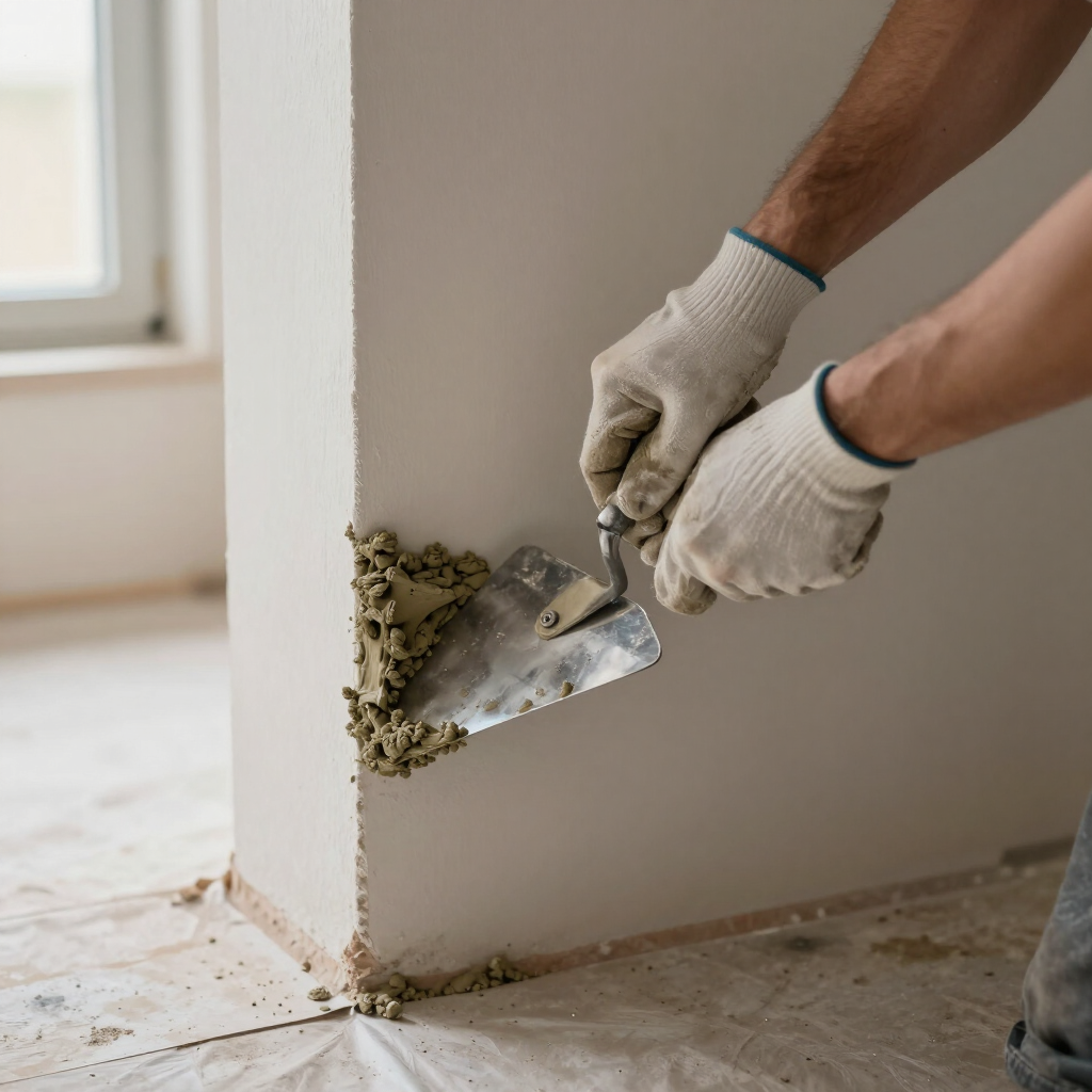 Manos enguantadas aplicando yeso para reparar una esquina de pared dañada con una espátula