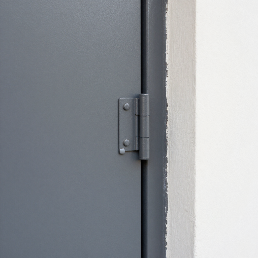 Primer plano de una bisagra metálica gris en una pared clara