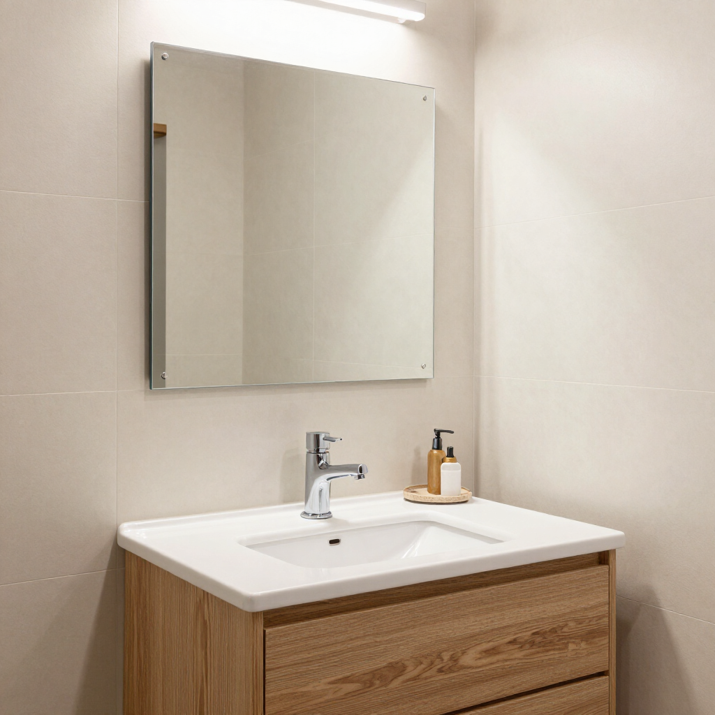 Mueble de baño moderno con lavabo, espejo, grifo cromado y dosificador de jabón sobre una pared beige