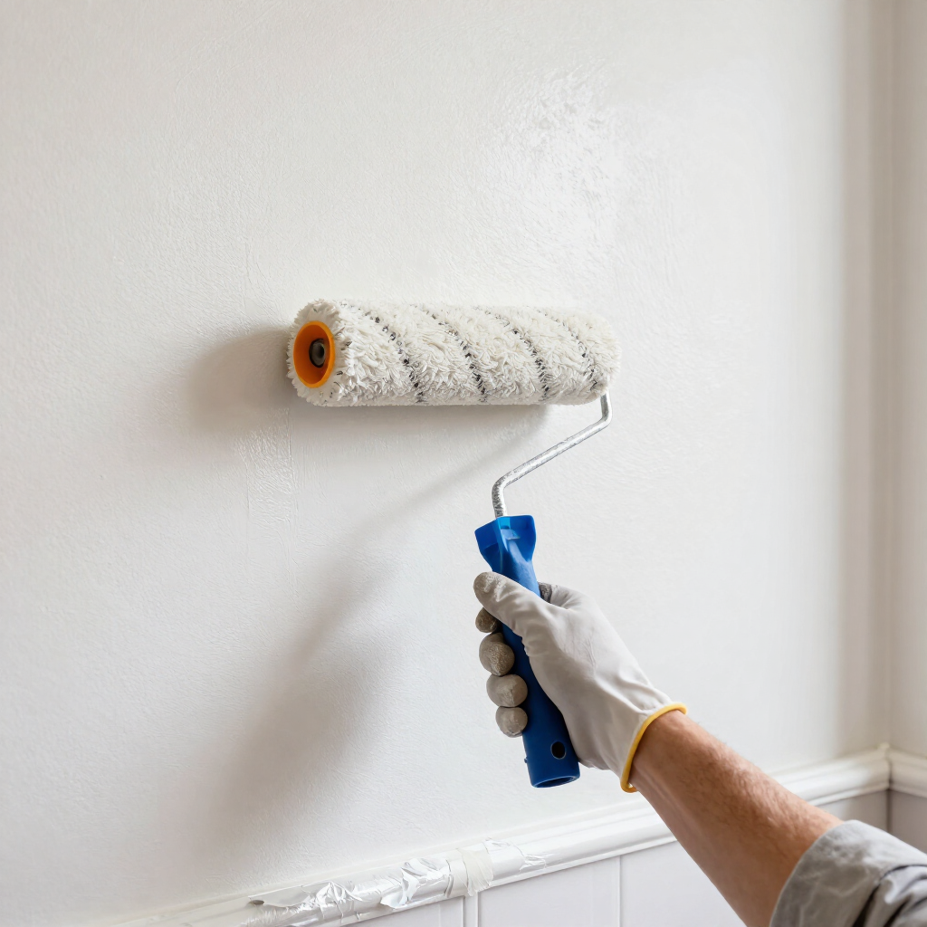 Pintando a mano una pared blanca con un rodillo de pintura con mango azul