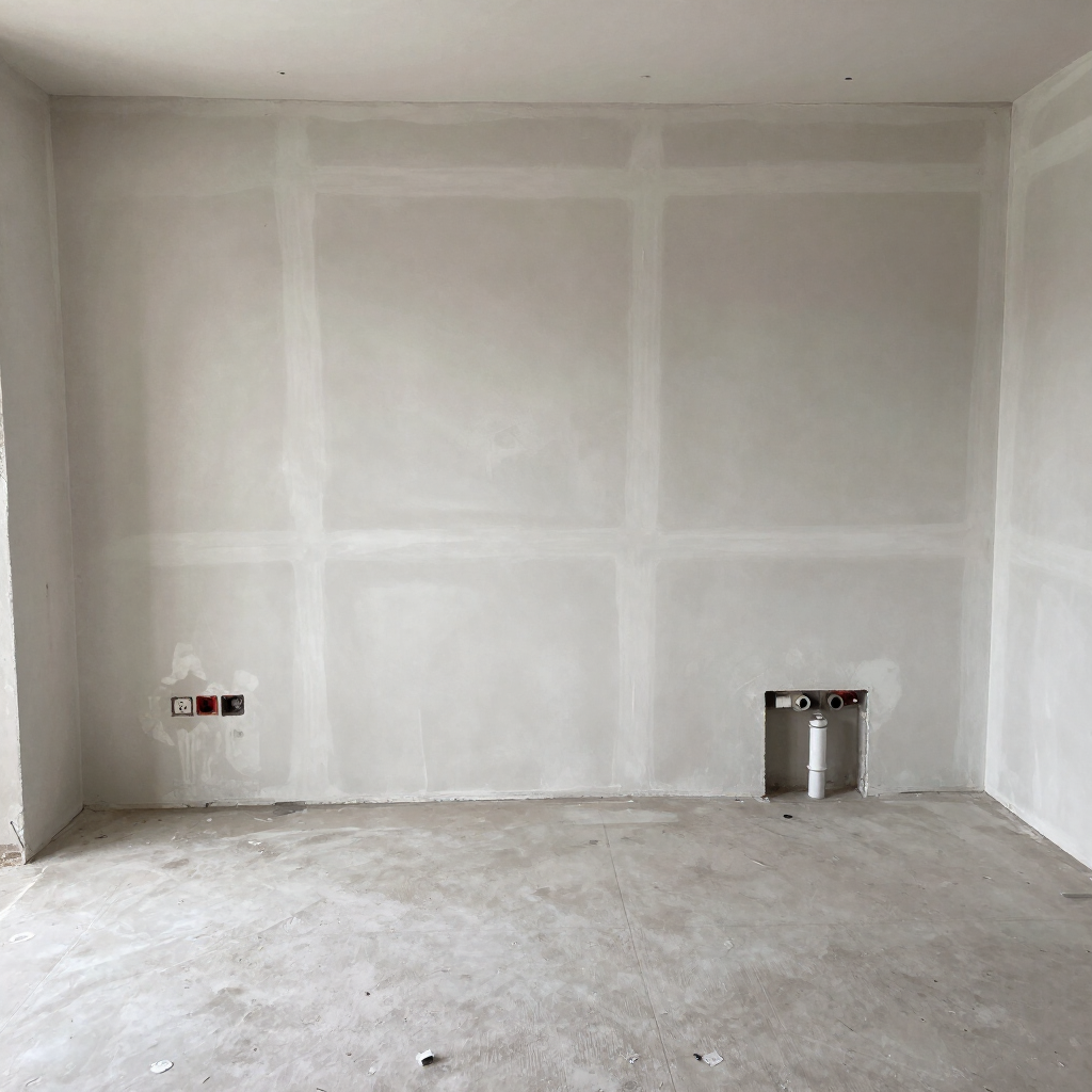 Habitación vacía sin terminar, con paredes de yeso blanco, suelo gris, enchufes eléctricos a la vista y huecos para las rejillas de ventilación