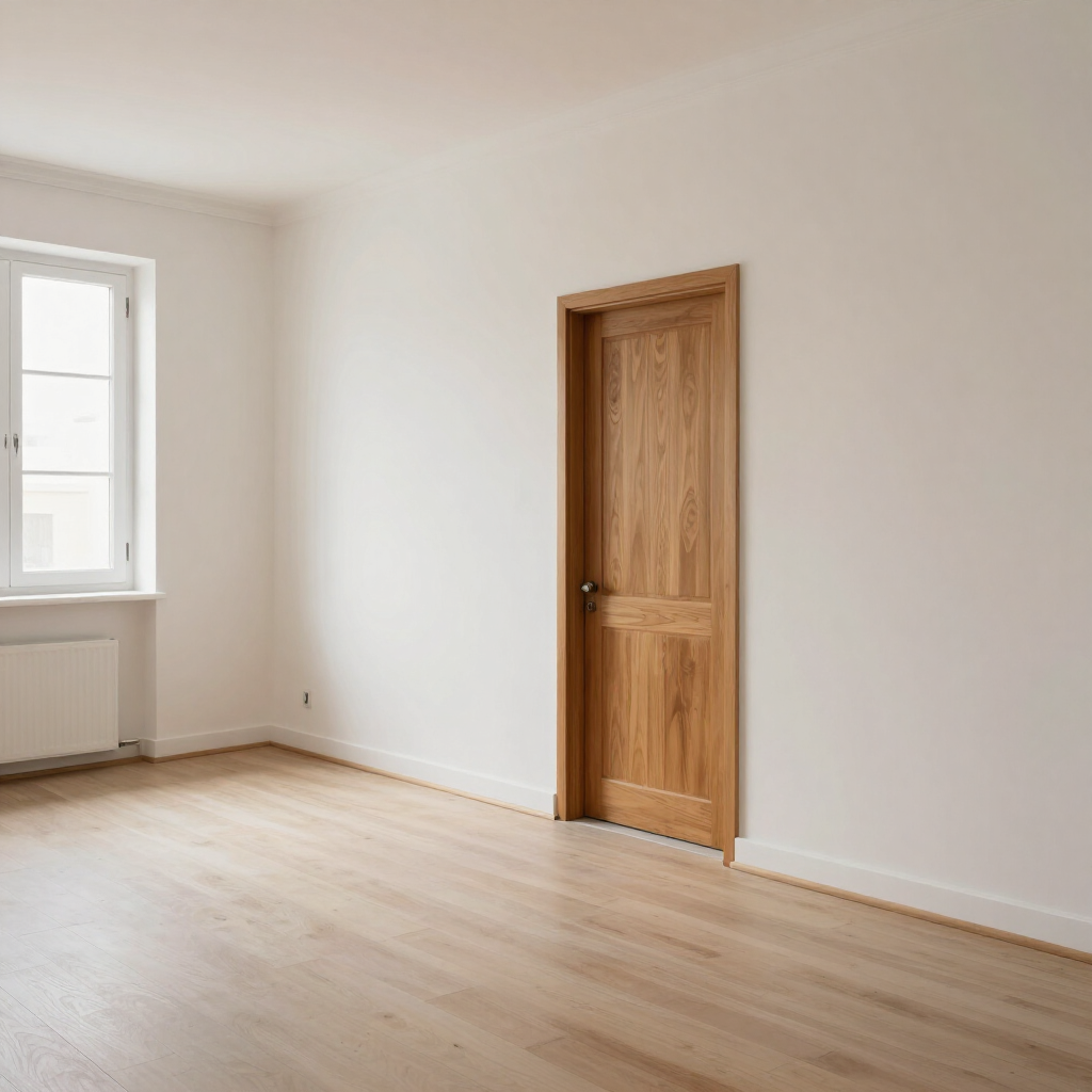 Habitación vacía con suelo de madera clara, paredes blancas, una puerta de madera y una ventana junto a un radiador.