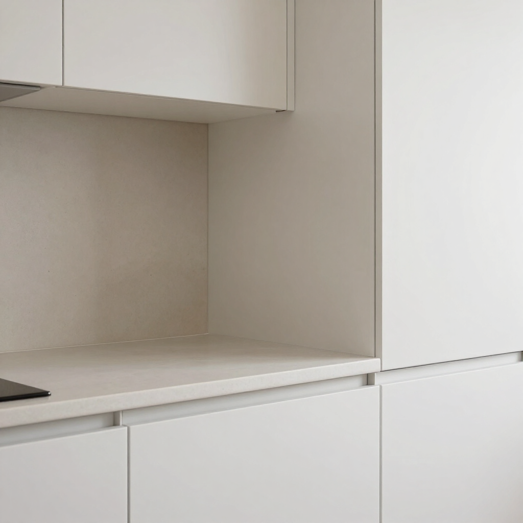 Muebles de cocina minimalistas blancos, con la encimera despejada y una hornacina abierta.