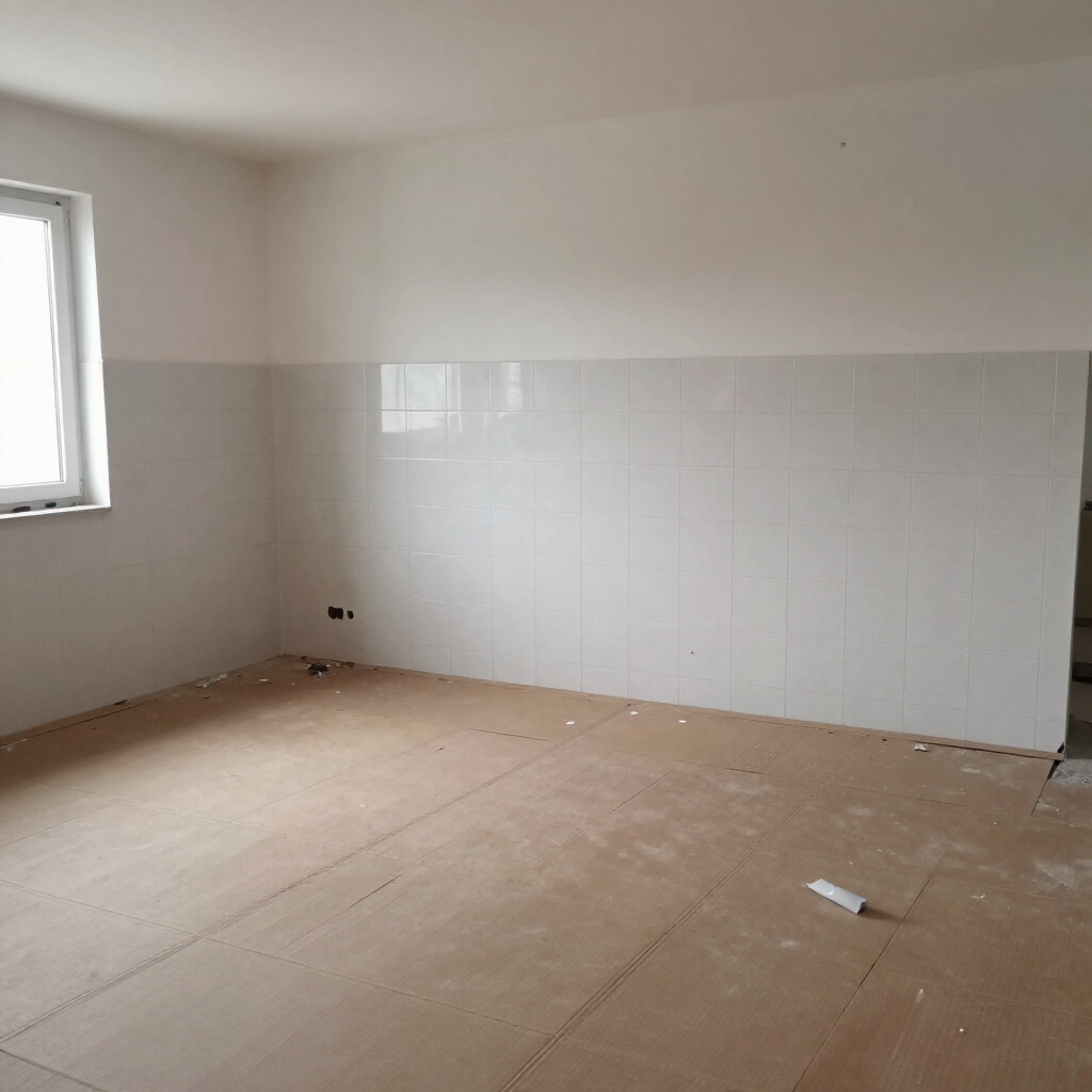 Habitación vacía y renovada, con paredes revestidas de azulejos blancos en la parte inferior, suelo beige y una ventana a la izquierda