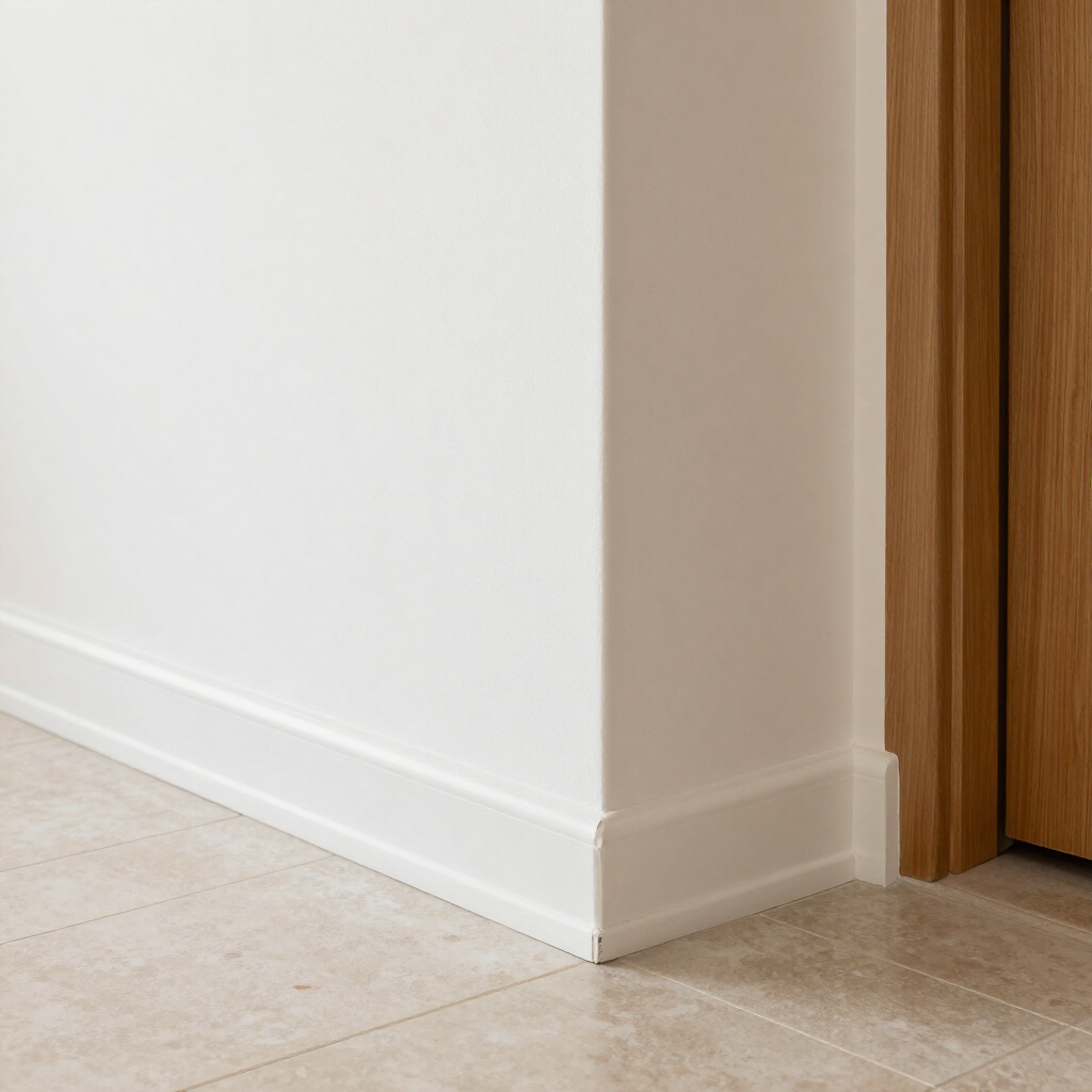 Esquina interior con pared blanca, suelo de baldosas beige y marco de puerta de madera