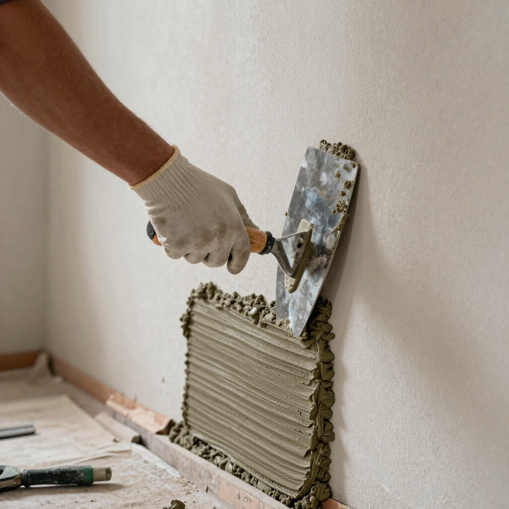 Mano enguantada extendiendo mortero sobre una pared con una llana durante la colocación de azulejos