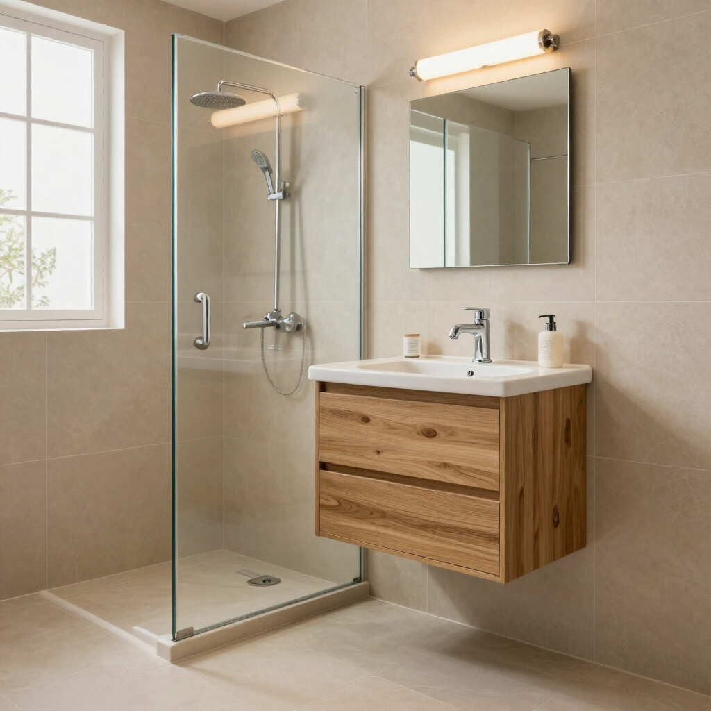 Baño moderno con ducha de cristal, mueble de baño suspendido de madera, espejo y paredes beige iluminadas por una ventana