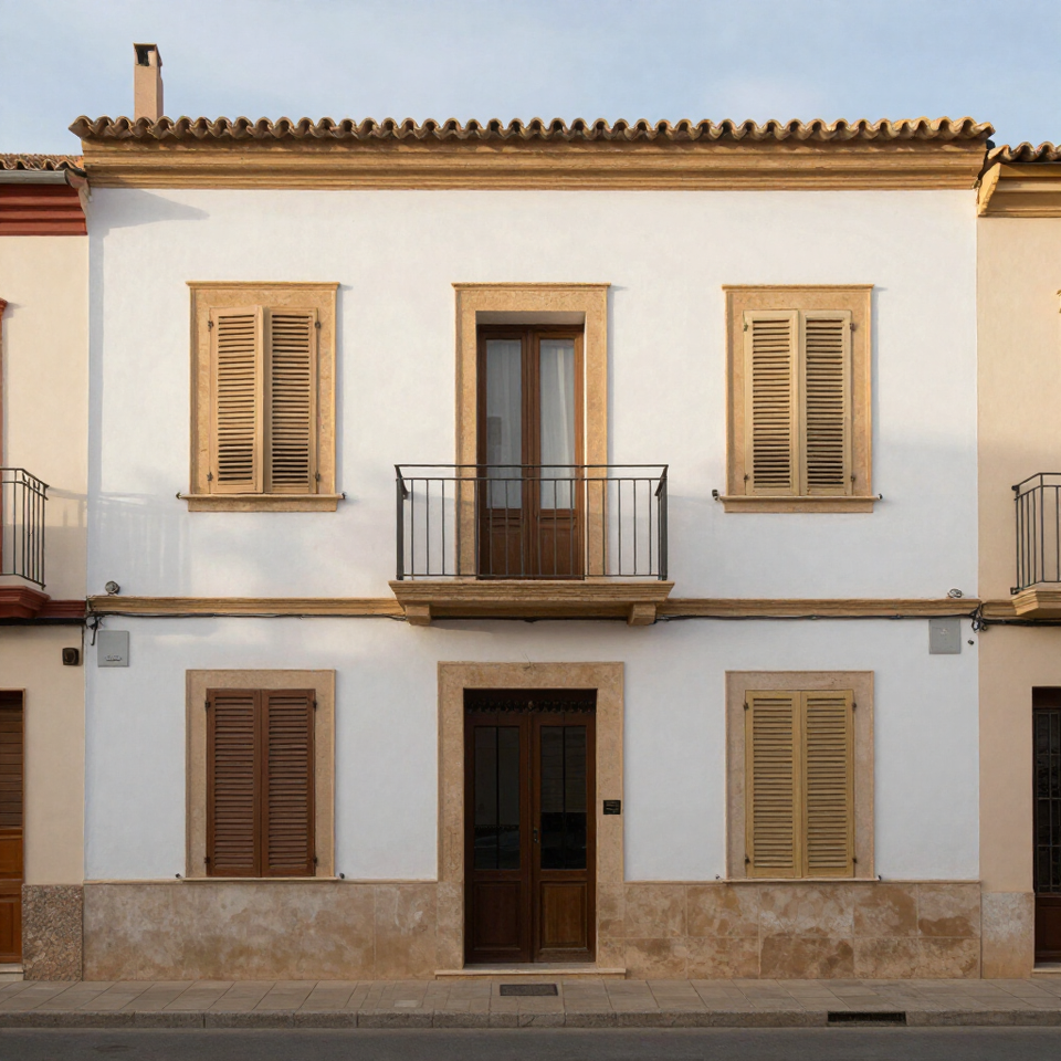 Casa blanca de dos pisos, con contraventanas beige y un pequeño balcón central, en una calle tranquila.