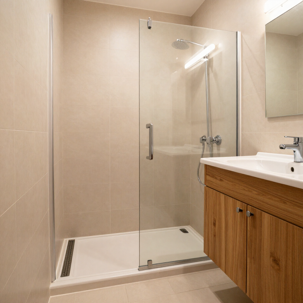 Baño accesible con ducha a ras de suelo, puerta de cristal y mueble de madera bajo un lavabo blanco.