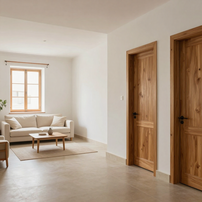 Luminoso salón minimalista con sofá beige, mesa de centro de madera, ventana y dos puertas de madera.