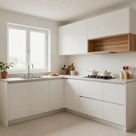 Cocina minimalista blanca en forma de L, con detalles de madera, fregadero junto a la ventana y placa de cocina sobre la encimera