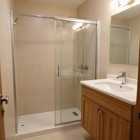 Baño moderno con ducha de cristal, azulejos beige y mueble de madera con lavabo