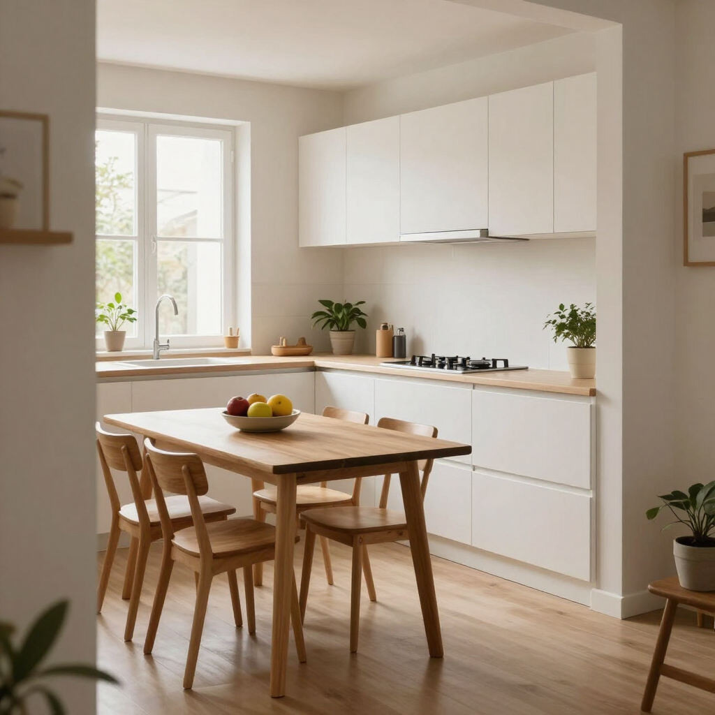 Cocina moderna y luminosa con mesa de comedor de madera, armarios blancos y una ventana con plantas
