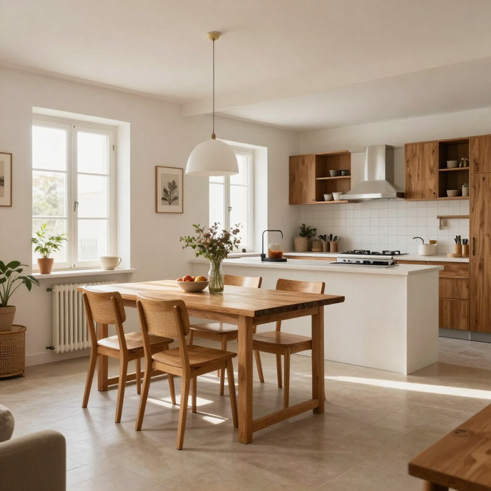 Cocina-comedor luminosa con mesa de madera, sillas, lámpara colgante y armarios blancos bajo una suave luz del sol