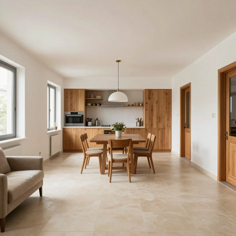 Comedor y cocina luminosos y minimalistas, con mesa y sillas de madera, sofá beige y ventanales