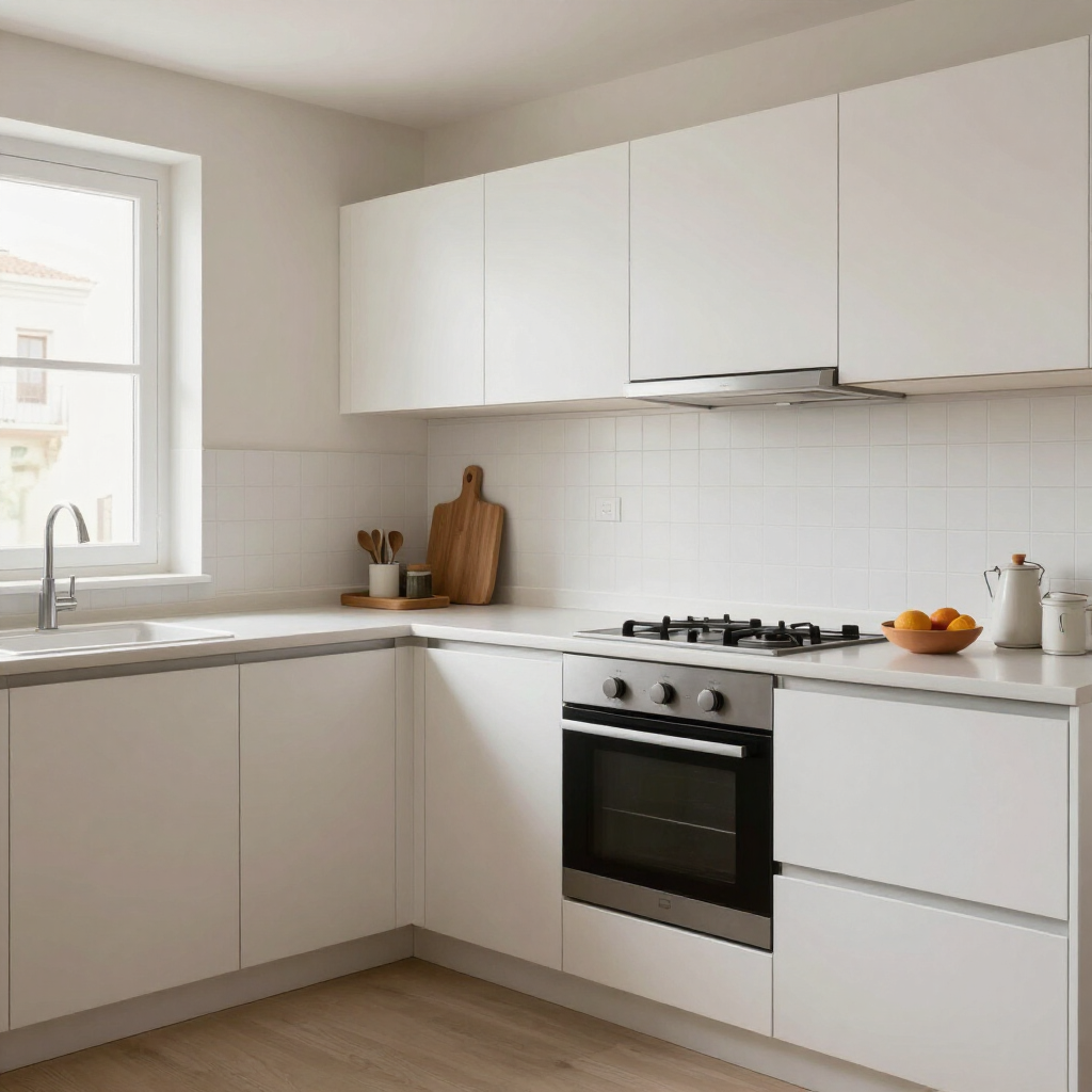 Cocina blanca, luminosa y moderna, con armarios, cocina, fregadero y un cuenco de naranjas junto a la ventana