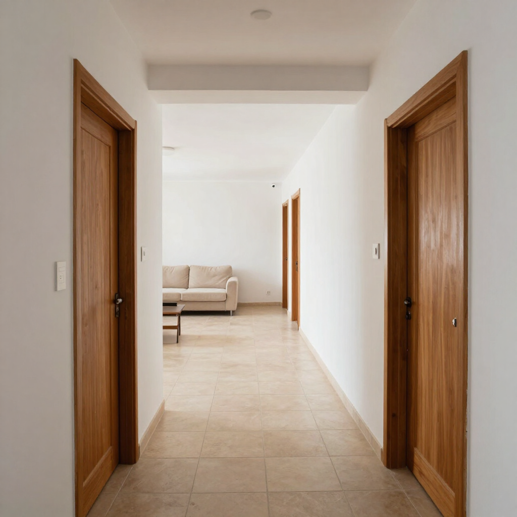 Pasillo con puertas de madera a ambos lados que conduce a un luminoso salón con un sofá beige.